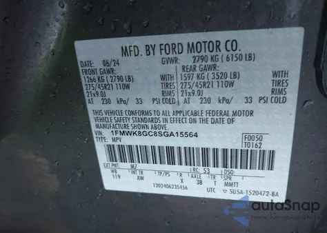 2025 Ford Explorer St из США, поврежденный, VIN 1FMWK8GC8SGA15564